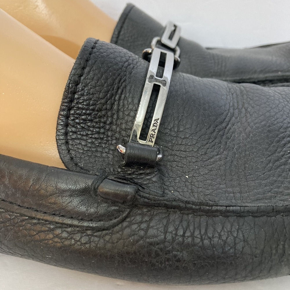 Prada Black Pebbled Leather Metal Horse Bit Buckle Driving Loafers Shoes Mens 11 - Picture 3 of 14
